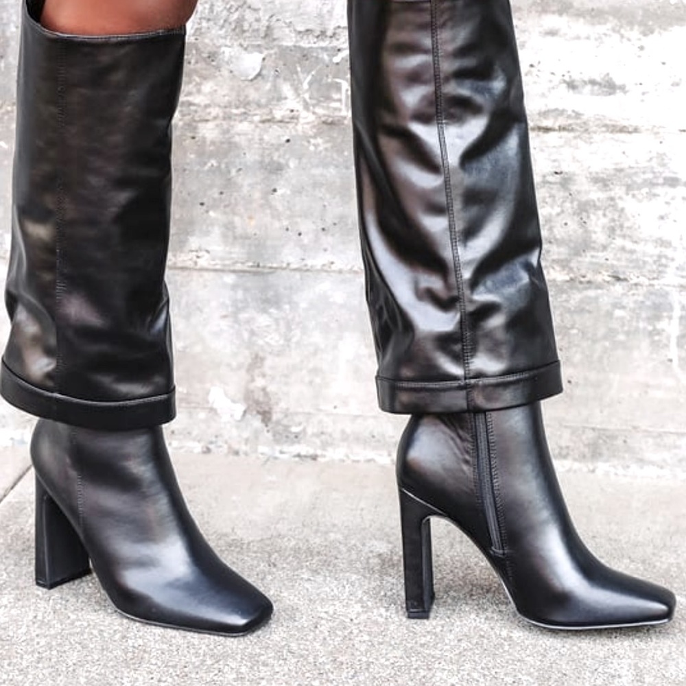 Black square toes knee high boots